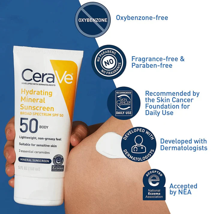 Mineral Sunscreen Body Lotion, CeraVe Mineral SPF 50, Zinc Oxide Sunscreen, Sensitive Skin Sunscreen, Broad Spectrum SPF 50, CeraVe Body Sunscreen 150ML, Physical Sunscreen Lotion, Hydrating Sunscreen, Fragrance Free Sunscreen , Makeupstashpk
