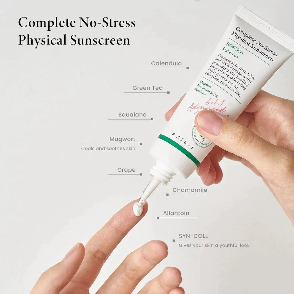 AXIS-Y Complete No-Stress Physical Sunscreen SPF50+ PA++++ 50ml – Mineral UV Protection for Sensitive Skin