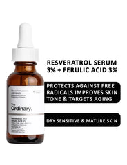 The Ordinary, Resveratrol 3%, Ferulic Acid 3%, Antioxidant Serum, Anti Aging Serum, The Ordinary 30ml, Brightening Serum, Skincare Treatment, High Strength Serum, Environmental Protection Skincare , Makeupstashpk